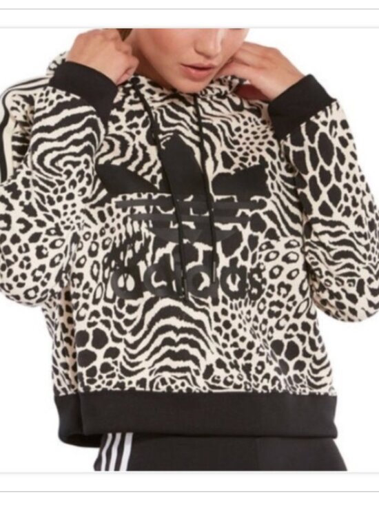 adidas Originals Tops - adidas Originals Leopard Print Cropped Trefoil Hoodie OVERSIZED